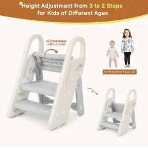 Adjustable 3 Step Stool, Grey&White Kitchen Standing Tower