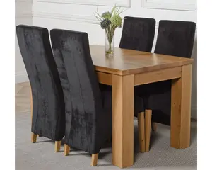 Dakota 127 x 82 cm Chunky Oak Small Dining Table and 4 Chairs Dining Set with Lola Black Fabric Chairs