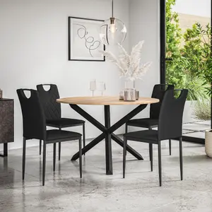 Malvern Round Dining Table And Chairs -  Oak Table Top w Solid Oak Black Legs + Monza Faux Leather Dining Chair Set Of 4 (Black)