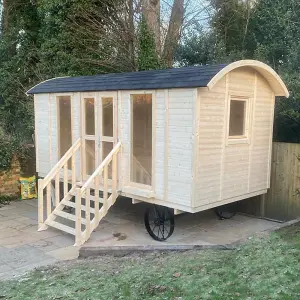 Inmedias Garden Shepherds Hut Log Cabin - 4.8m x 2.4m - Glamping Pod Building with Decorative Wheels