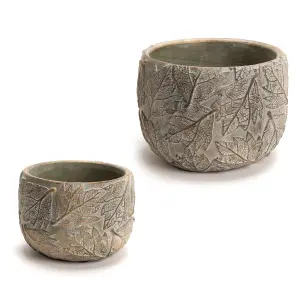 Set of 2 Grey Leaf Embossed Small & Large Flower Planter Indoor Outdoor Plant Pot