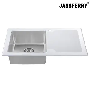 JASSFERRY White Glass Top Kitchen Sink Stainless Steel Single Bowl Right Hand Frosted Drainboard, 860 x 500 mm