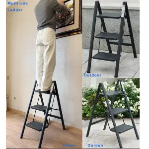 Black 3 Step Ladder Folding Metal Non Slip Stool Heavy Duty Carbon Steel