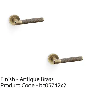 2 PACK - SOLID BRASS Knurled Door Handle Set - Antique Brass Straight Lever on Round Rose