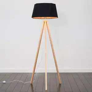 ValueLights Barbro Light Wood Tripod Design Floor Lamp with Black/Copper Geometric Shade - Complete with 6w LED GLS Bulb