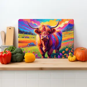 Textured Glass Chopping Board Abstract Highland Cow Design - Medium