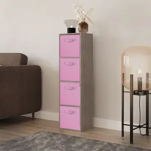 URBNLIVING 106cm Height Cedar Grey 4-Tier Cube Shelving Unit with Light Pink Inserts