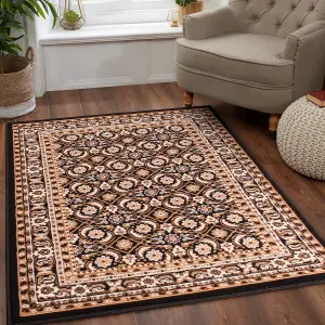 Traditional Black Bordered Floral Rug For Dining Room-120cm (Circle)