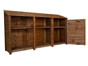 Wooden tool and log store, garden storage with shelf W-335cm, H-180cm, D-88cm - brown finish