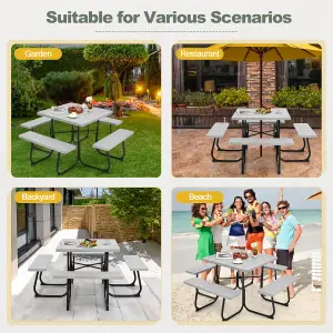 Costway 8 person Square Picnic Table Bench Set Outdoor Circular Table W/ 4 Benches & Umbrella Hole, Grey