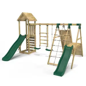 Rebo Wooden Climbing Frame with Swings, 2 Slides, Up & over Climbing wall and Monkey Bars - Pennine