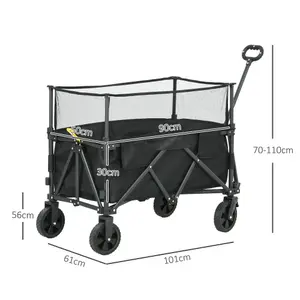 Outsunny 180L Folding Garden Trolley Wagon Cart w/ Extendable Side Walls, Black