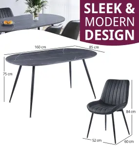 Hallowood Furniture Cullompton Large 160cm Oval Table, Grey Marble Effect Top, with 4 Black Bonded Leather Dining Chairs