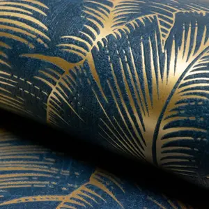 Grandeco Palmeria Palm Leaves Blown Wallpaper, Navy