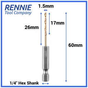 Box of 10 x 1.5mm Hex Shank HSS Gold Cobalt Jobber Drill Bit Set For Stainless Steel, Hard Metals, Aluminium, Cast Iron, Copper.