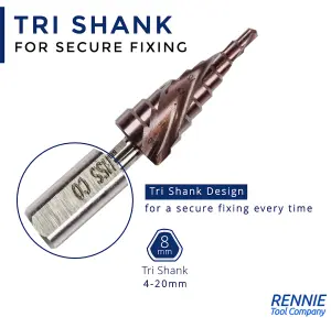 Rennie Tools 4-20mm HSS Cobalt Spiral Flute Step Cone Drill/Hole Cutter For Metal, Stainless Steel And Hard Metals. M35 8% Cobalt