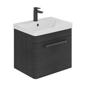 Emery Textured Black Wall Hung Bathroom Vanity Unit & Basin Set with Black Handles (W)50cm (H)46cm