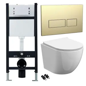 Bubly Bathrooms™ White Rimless Wall Hung Toilet Pan, Seat & 1.13m Concealed Cistern Frame - Brass