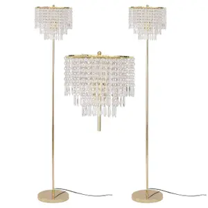 First Choice Lighting Pair of Cascada Gold and Acrylic Crystal Jewelled Floor Lamp