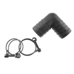 19mm (3/4") elbow connector for use with 3/4" corrugated garden pond hose/pipe,complete with two matching double wire clamps