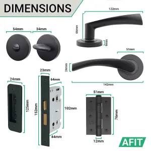 AFIT Matt Black Bathroom Door Handle Set - Pack of 2 Round Internal Door Handles, Thumb Turn Set, Lock & Hinges (76mm) Novi Range