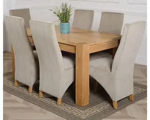 Kuba 150 x 85 cm Chunky Medium Oak Dining Table and 6 Chairs Dining Set with Lola Grey Fabric Chairs