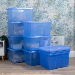 Wham Crystal Sparkle 10x 60L Plastic Storage Boxes with Lids Tint Sparkle Blue. Large Size, Strong (Pack of 10, 60 Litre)