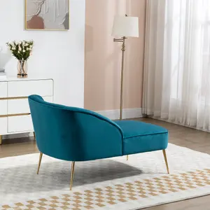 Lissone 130cm Wide Teal Velvet Fabric Shell Back Chaise Lounge Sofa with Golden Coloured Legs