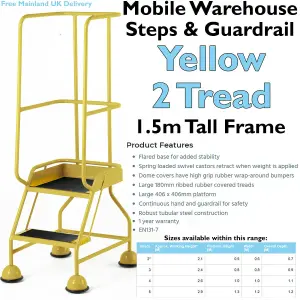 2 Tread Mobile Warehouse Steps & Guardrail YELLOW 1.5m Portable Safety Stairs