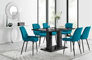 Imperia Black High Gloss 6 Seater Dining Table with Structural 2 Plinth Column Legs 6 Blue Velvet Black Leg Pesaro Chairs