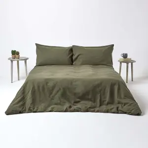 Homescapes Khaki Green Linen Fitted Sheet, King