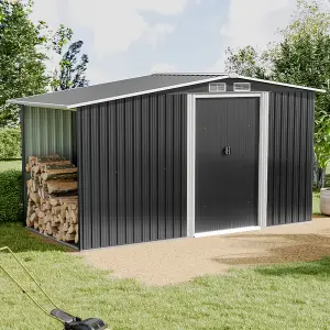 8 x 4 ft Metal Shed Garden Storage Shed Apex Roof Double Door with 4.3 x 2.1 ft Log Store,Black