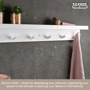 Keypak 6 Coat Hooks with Shelf, 68cm Wooden Floating Shelf with Lip, Wall Mounted Coat Rack Hallway Organiser (White)