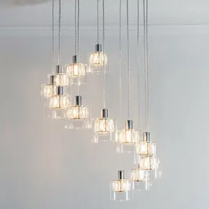 Multi Light Ceiling Pendant 12 Bulb Chrome & Crystal Chandelier Height Drop Lamp