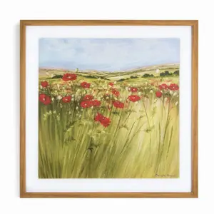 Poppy Meadow Countryside Landscape Wood Stained Brown Framed Print