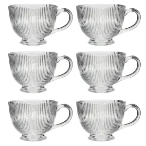 Set of 6 Embossed Footed Glass Coffee Mug Clear Tea Cups