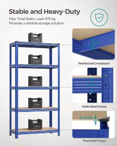 Garage Shelving, 5-Tier Storage Rack, 180 x 90 x 40 cm Max. Load 875 kg (175 kg per Tier), Shelving Unit, Adjustable Shelves, Blue