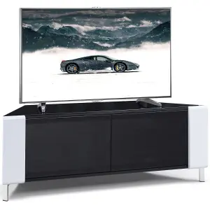 MDA Designs CORVUS Corner-Friendly Black with White Profiles Black BeamThru Glass Doors Stand for Flat Screen TVs up to 50"