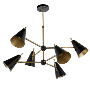 Luminosa Alta Multi Arm Shade Pendant Ceiling Lamp, Matt Antique Brass Plate, Matt Black