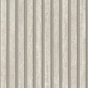 AS Creation Wooden Slats Panelling 3D Wood Panel Stripe Non Woven Wallpaper Off White Silver Grey 39109-5