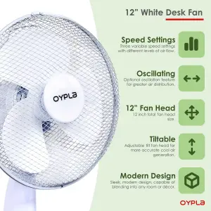 Oypla Electrical 12" 3 Speed Oscillating Electric Desk Home Office Fan