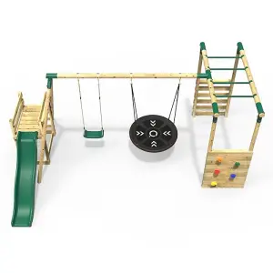 Rebo Wooden Children's Swing Set with Monkey Bars plus Deck & 6ft Slide - Double Swing - Meteorite Green