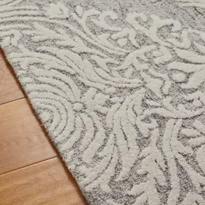 Handmade Modern Easy to Clean Floral Grey Ivory Wool Rug for Living Room & Bedroom-160cm X 230cm