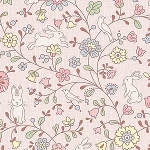 Grandeco Liberty Floral Bunny Trail Nursery Textured Wallpaper Pink