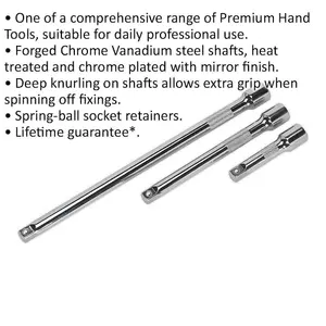 Durable 3 Piece Knurled Extension Bar Set with Spring-Ball Retainer for 3/8" Drive