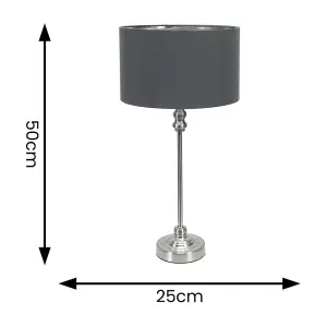 ValueLights Maggie Chrome Candlestick Table Lamp with Charcoal and Chrome Inner Lamp Shade and LED Bulb