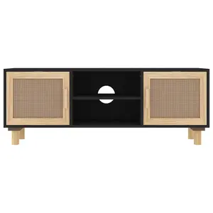 Berkfield TV Cabinet Black 105x30x40 cm Solid Wood Pine&Natural Rattan