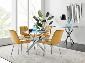 Furniturebox UK Novara Chrome Metal Round Glass Dining Table And 4 Mustard Pesaro Silver Leg Chairs