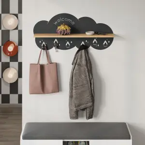 Decortie Cloudy Wall-Mounted Metal Hanger Oak Shelf with 6 Metal Hooks Welcome Cloud Shape Functional Storage Hanger Entryway