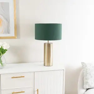 ValueLights Lexy Antique Brass Touch Table Lamp with Forest Green Drum Shade